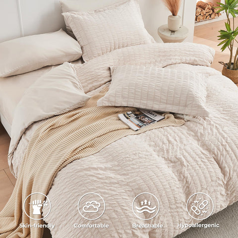 HYMOKEGE beige twin seersucker fitted sheet with deep-pocket elastic