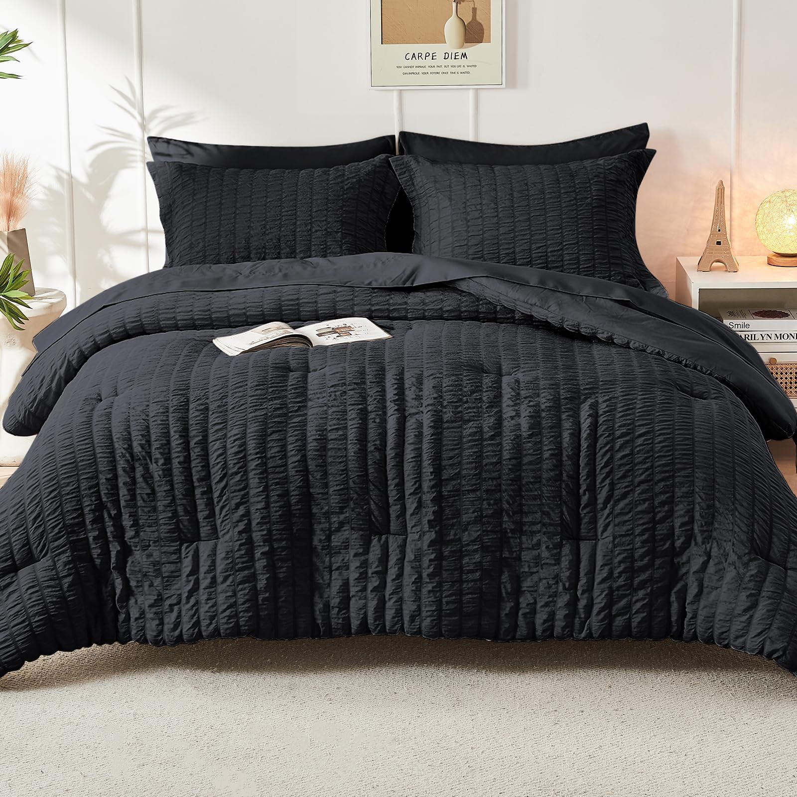 HYMOKEGE Black Queen bedroom scene showcases luxurious all-season bedding ensemble.
