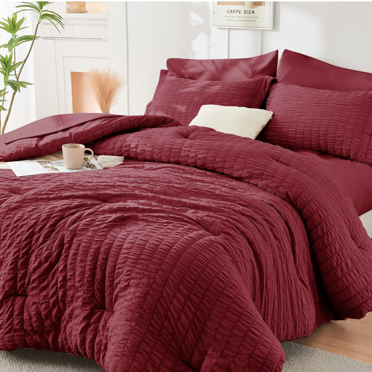 HYMOKEGE Burgundy Queen Comforter Set top view showing seersucker texture for a refined bedroom