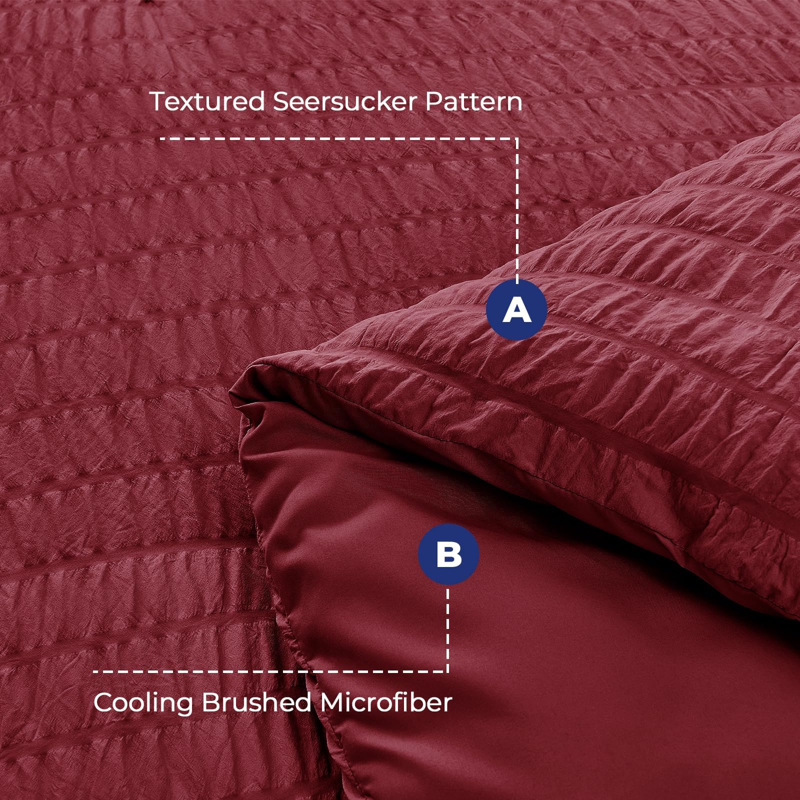 HYMOKEGE Burgundy Queen Fitted Sheet deep-pocket closeup shows secure fit for tall mattresses