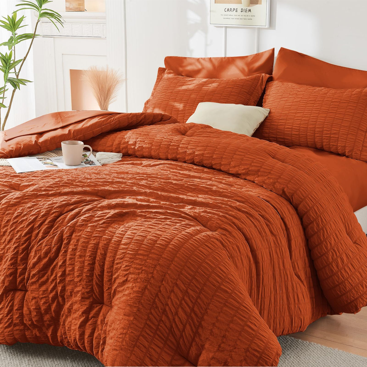 HYMOKEGE Burnt Orange Queen Comforter Seersucker closeup shows texture and color for elegant bedding