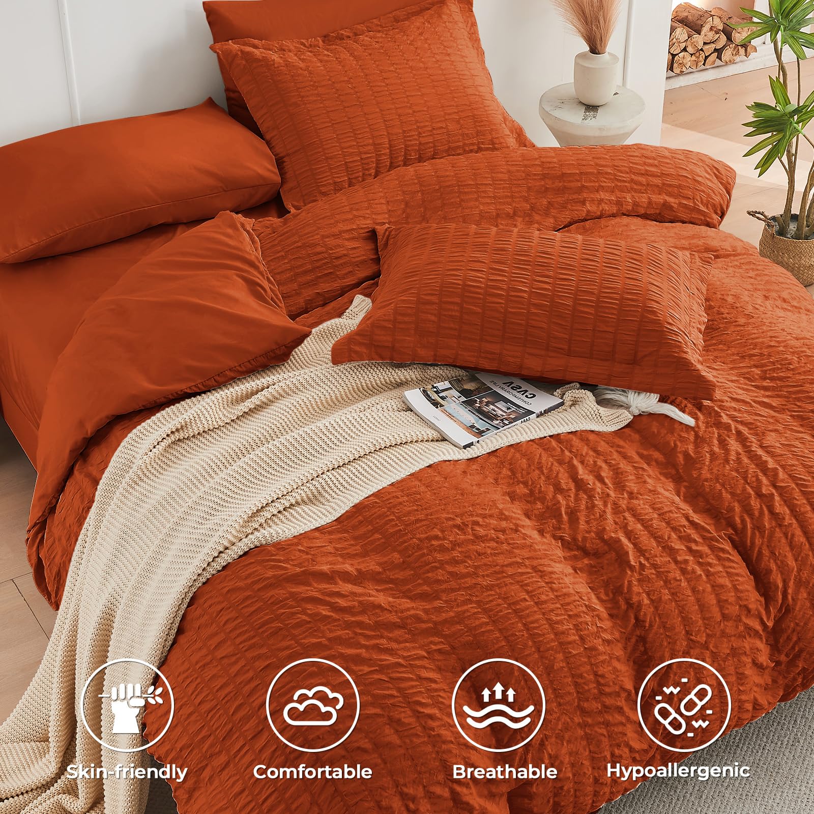 HYMOKEGE Burnt Orange Queen Comforter seersucker pillowcases emphasize soft microfiber feel