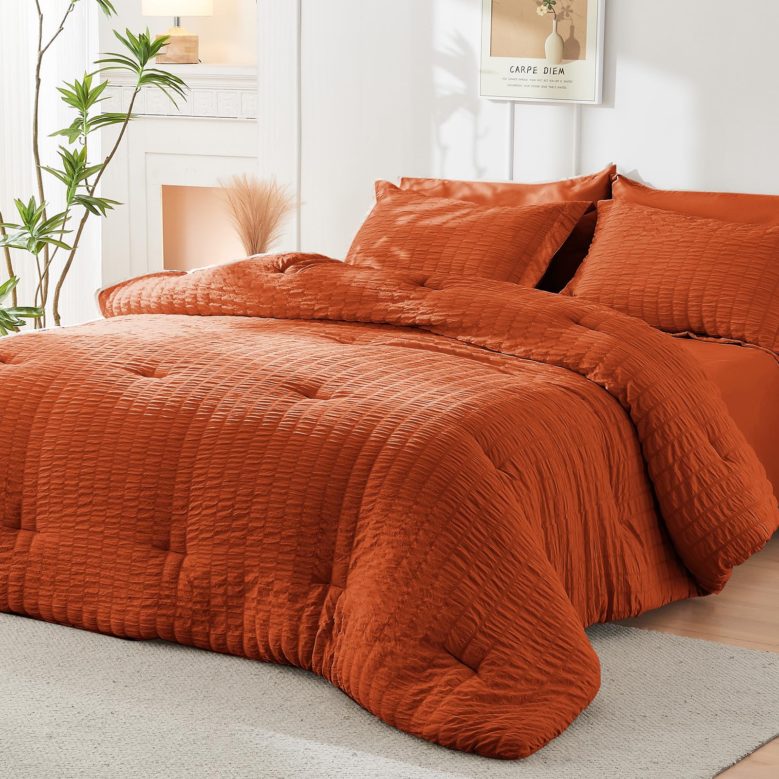 HYMOKEGE Burnt Orange Queen Comforter packaging in a vacuum bag for easy storage