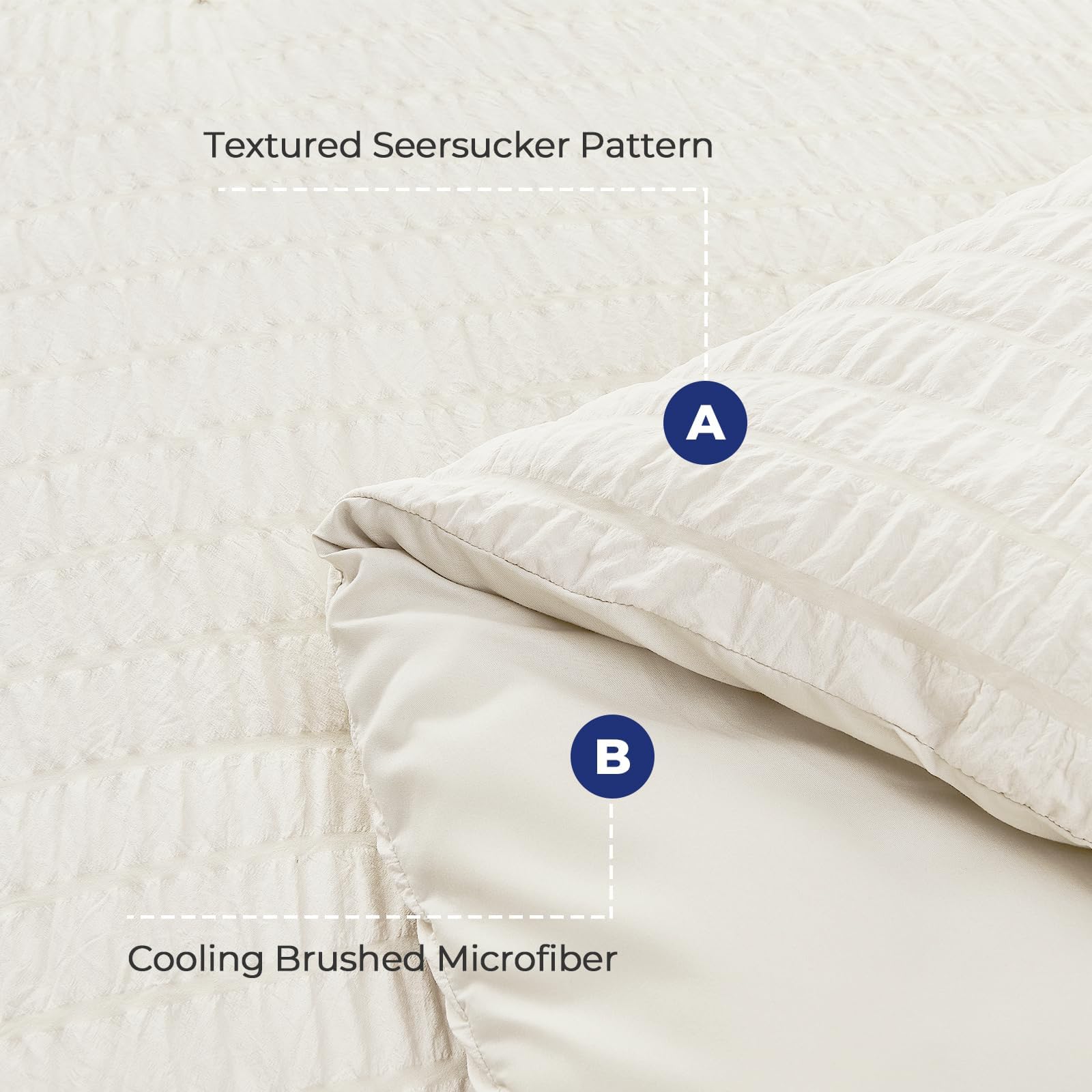 HYMOKEGE Ivory comforter measures 82 by 86 inches for roomy coverage.