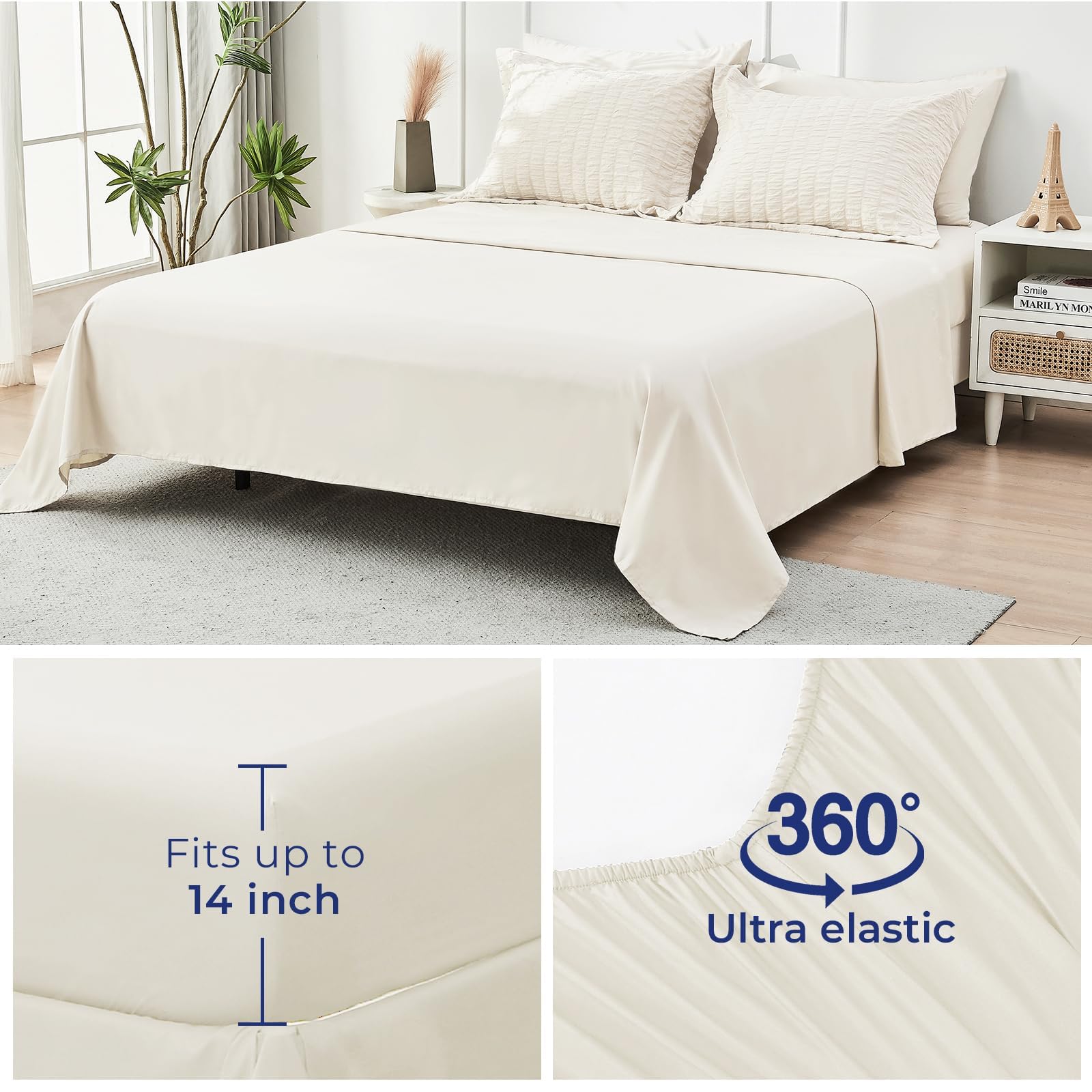 HYMOKEGE Ivory flat sheet 81 by 96 inches provides a smooth, comfortable top layer.