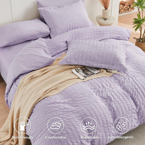 HYMOKEGE Lavender fitted sheet showing deep pocket fit for 12-15 inch mattresses