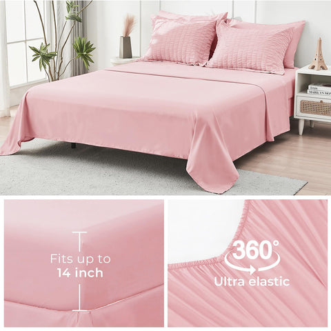 HYMOKEGE Pink Queen bedroom scene with coordinated bedding