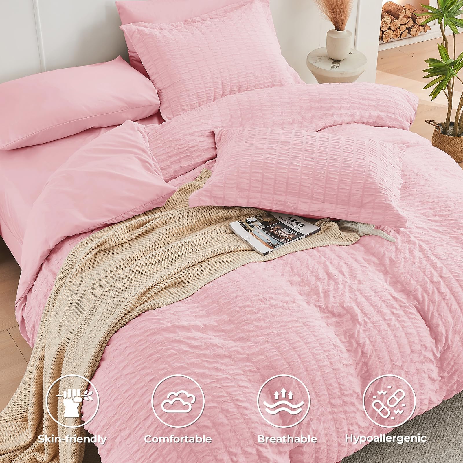 HYMOKEGE Pink Queen deep-pocket fitted sheet on mattress for secure fit