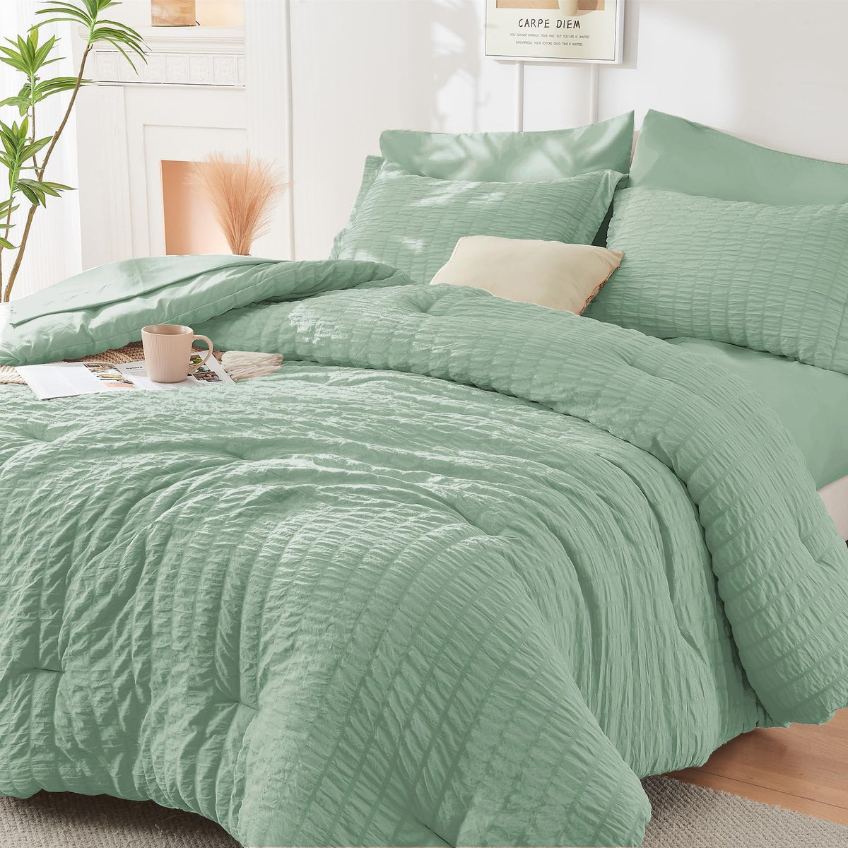 HYMOKEGE sage green full-size comforter set for cohesive, all-season bedroom styling