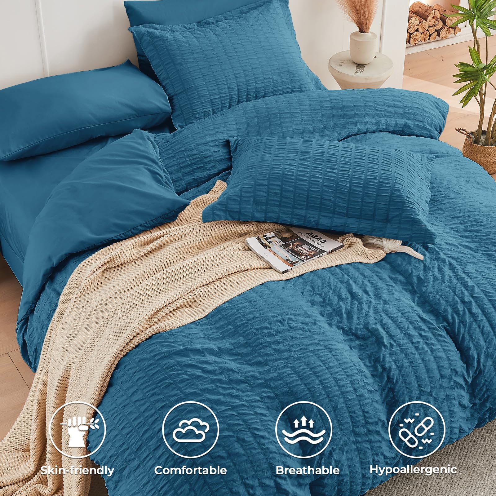 HYMOKEGE Teal deep-pocket fitted sheet fits 12–15 inch mattresses securely.