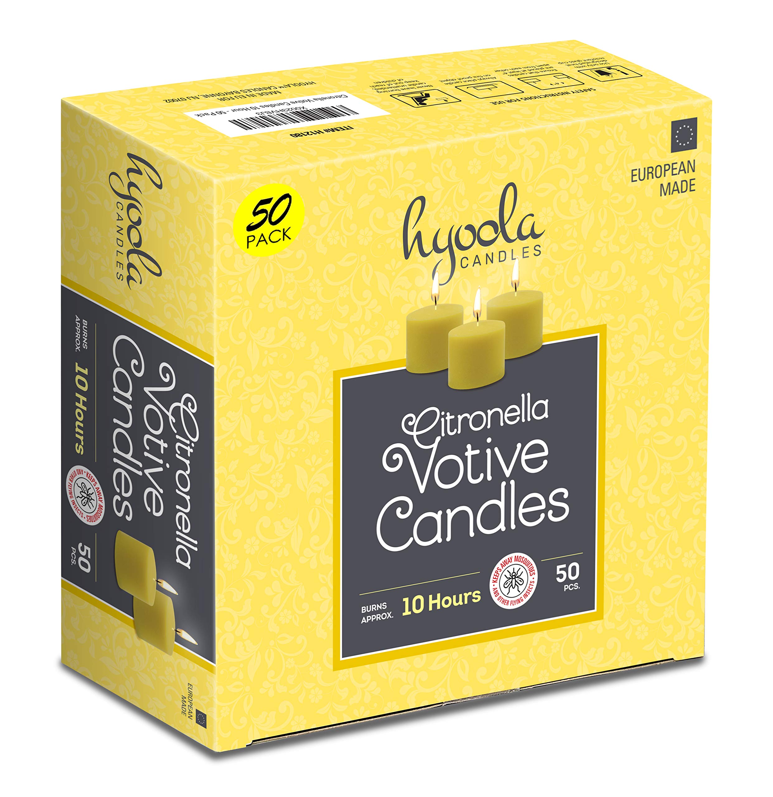 Hyoola citronella votive candle burning outdoors with warm glow