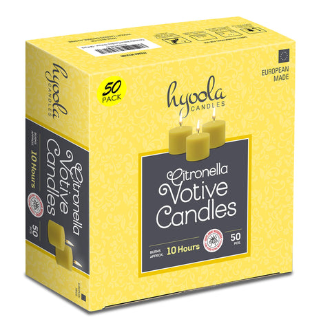 Hyoola citronella votive candle burning outdoors with warm glow