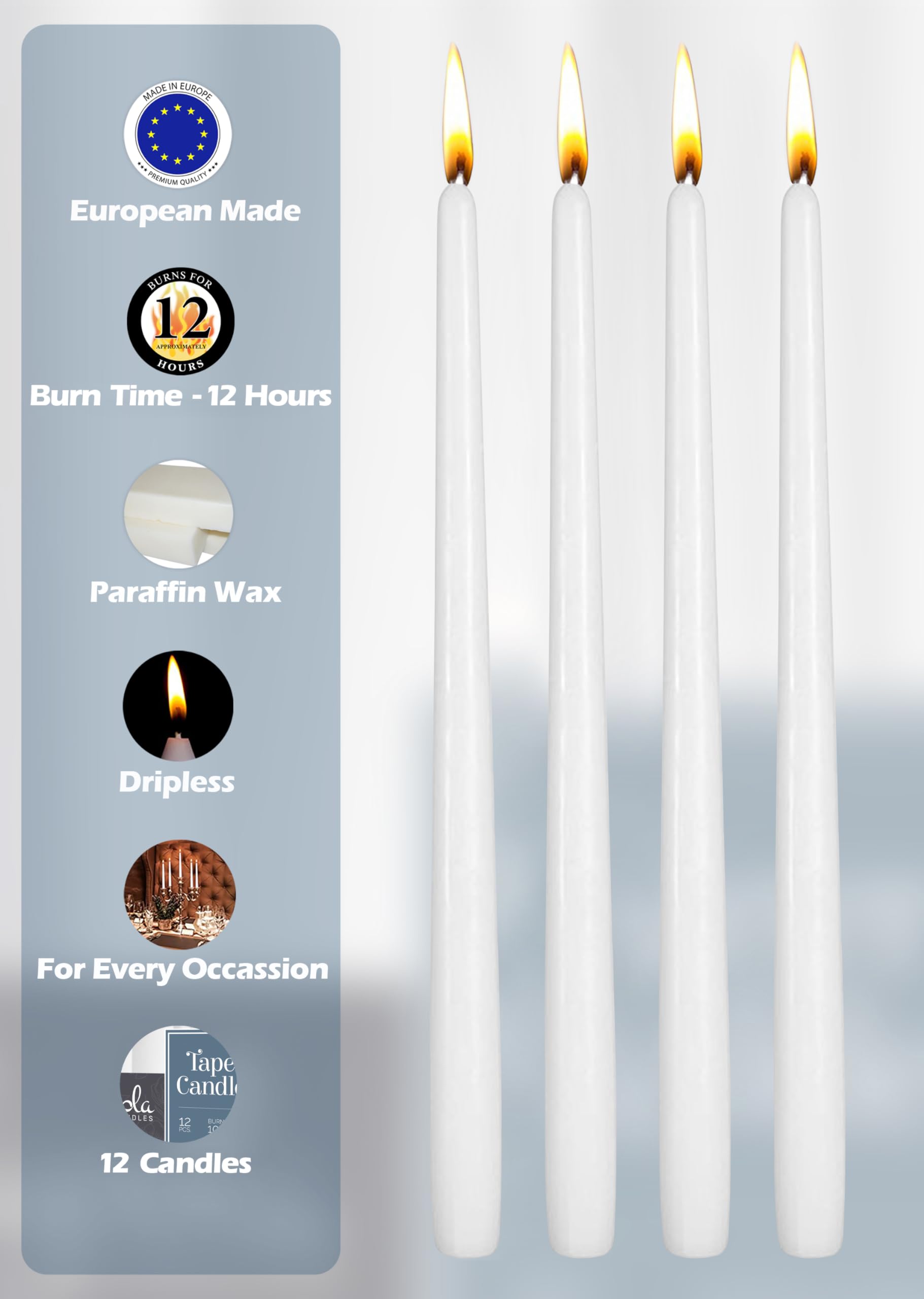 Hyoola dripless taper candle with cotton wick delivers clean burn.
