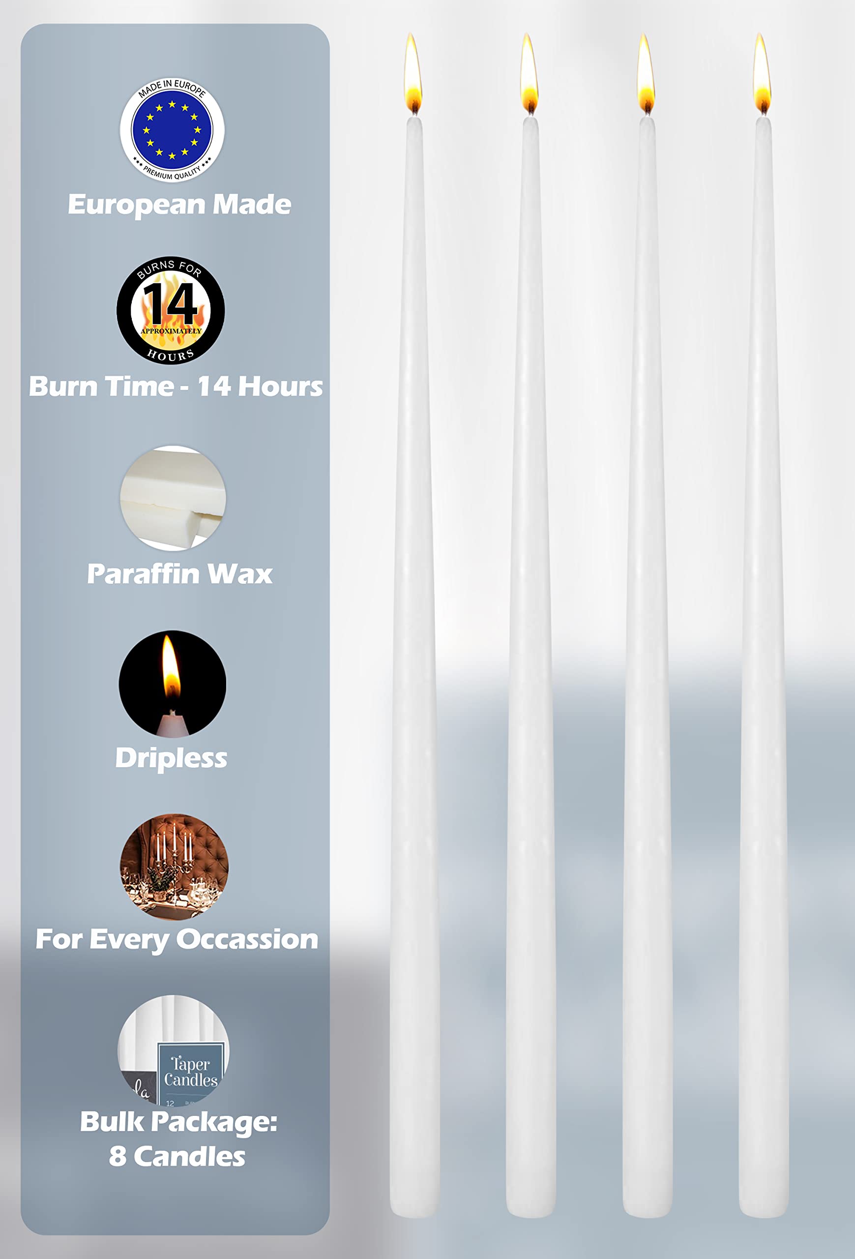 Hyoola tall taper candles in a standard holder with dripless design.