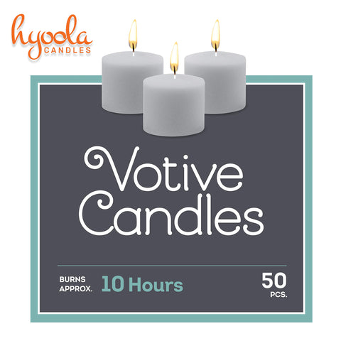 Unlit Hyoola white votive candle ready for indoor or outdoor use