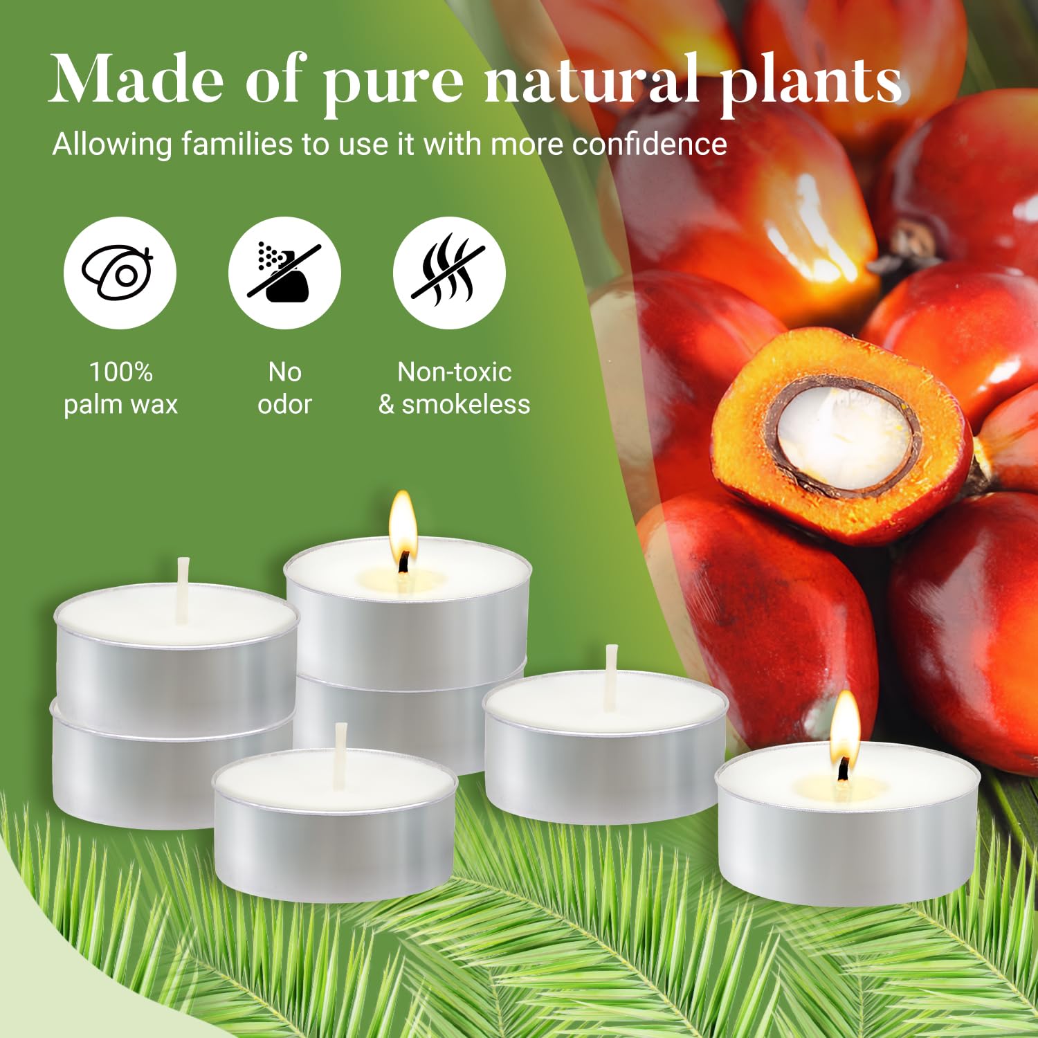 Hypmis white palm wax tea lights offer a clean burn