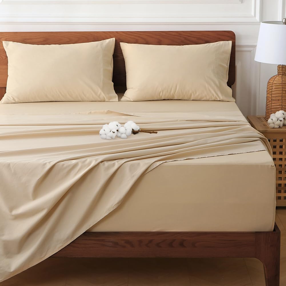 HYPREST Deep Pocket Queen Sheets Beige on bed, soft and breathable.