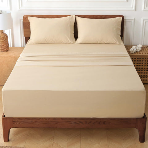 HYPREST deep-pocket queen sheets flat lay highlighting secure fit.