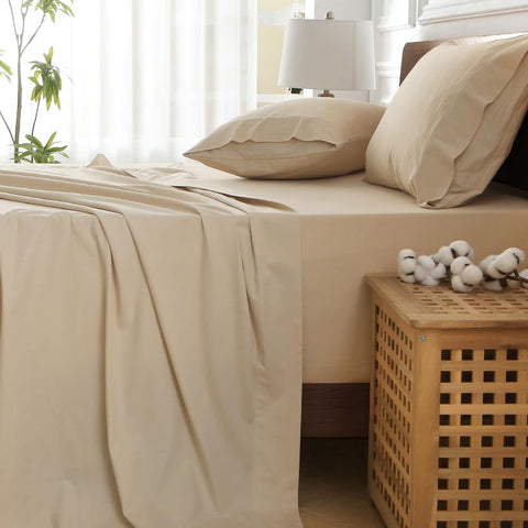 HYPREST queen sheet set layout with flat sheet, fitted sheet, and two pillowcases.