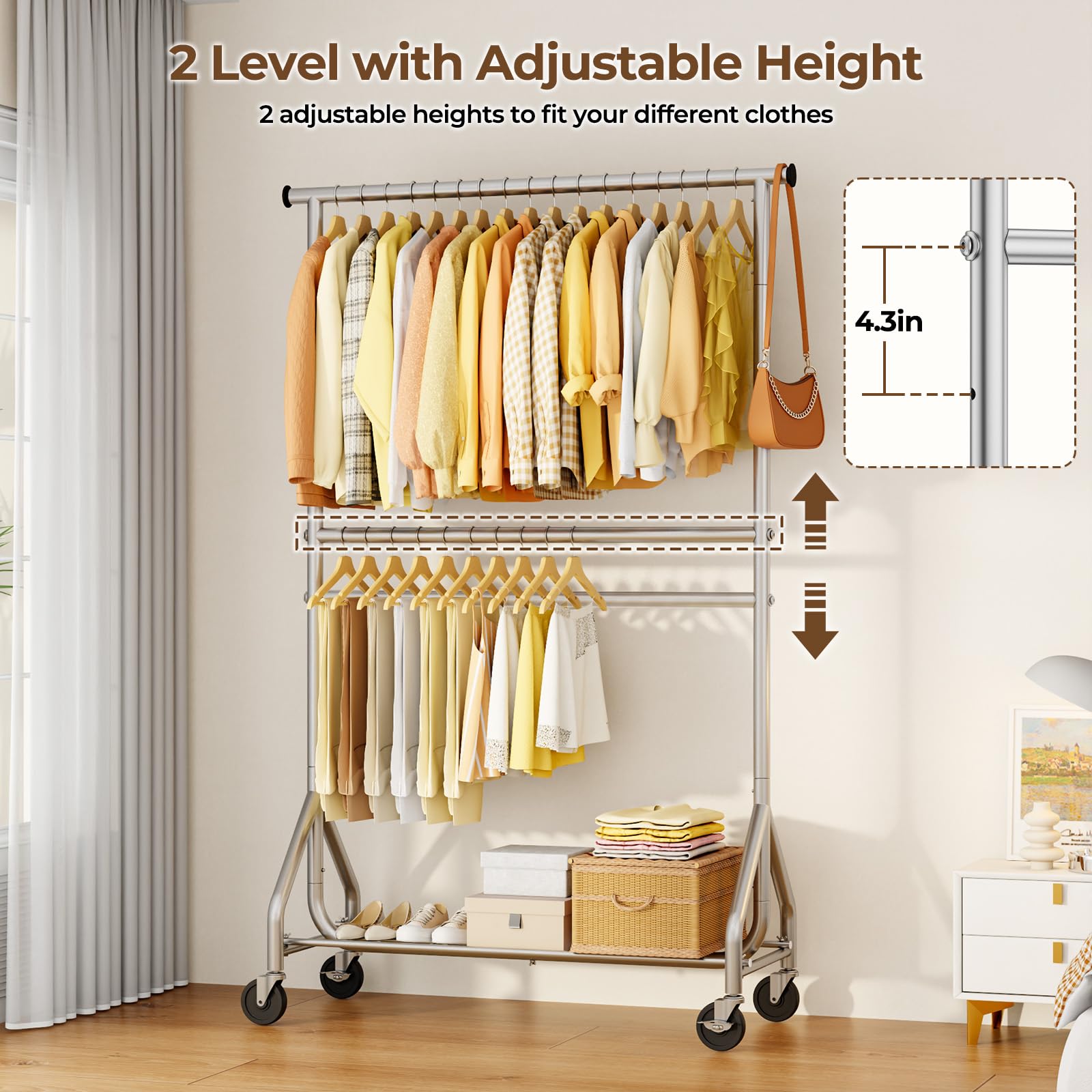 HYSEYY rack demonstrates 74.2-inch height for tall garments.