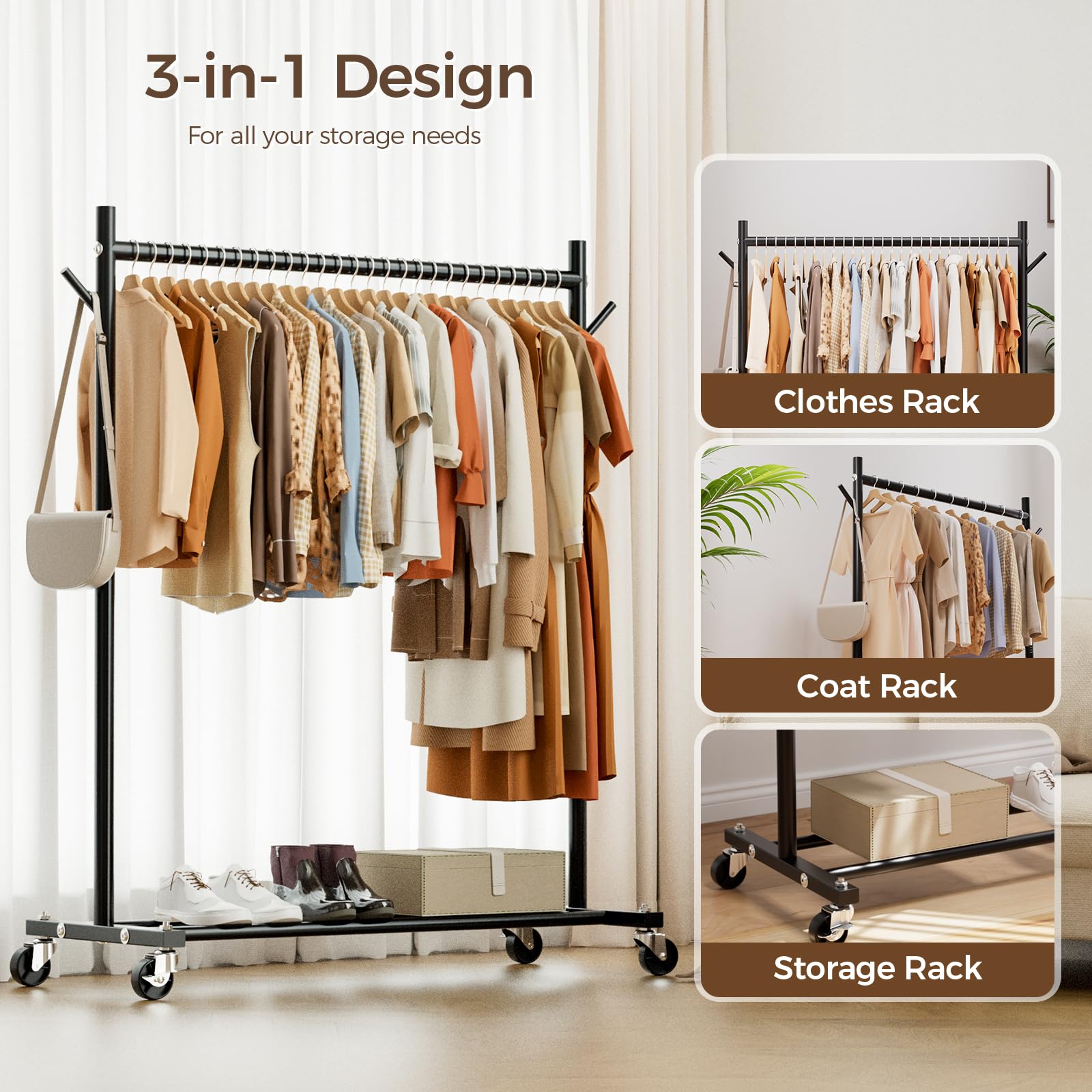 HYSEYY clothes rack bottom bar stores bins and shoes neatly.