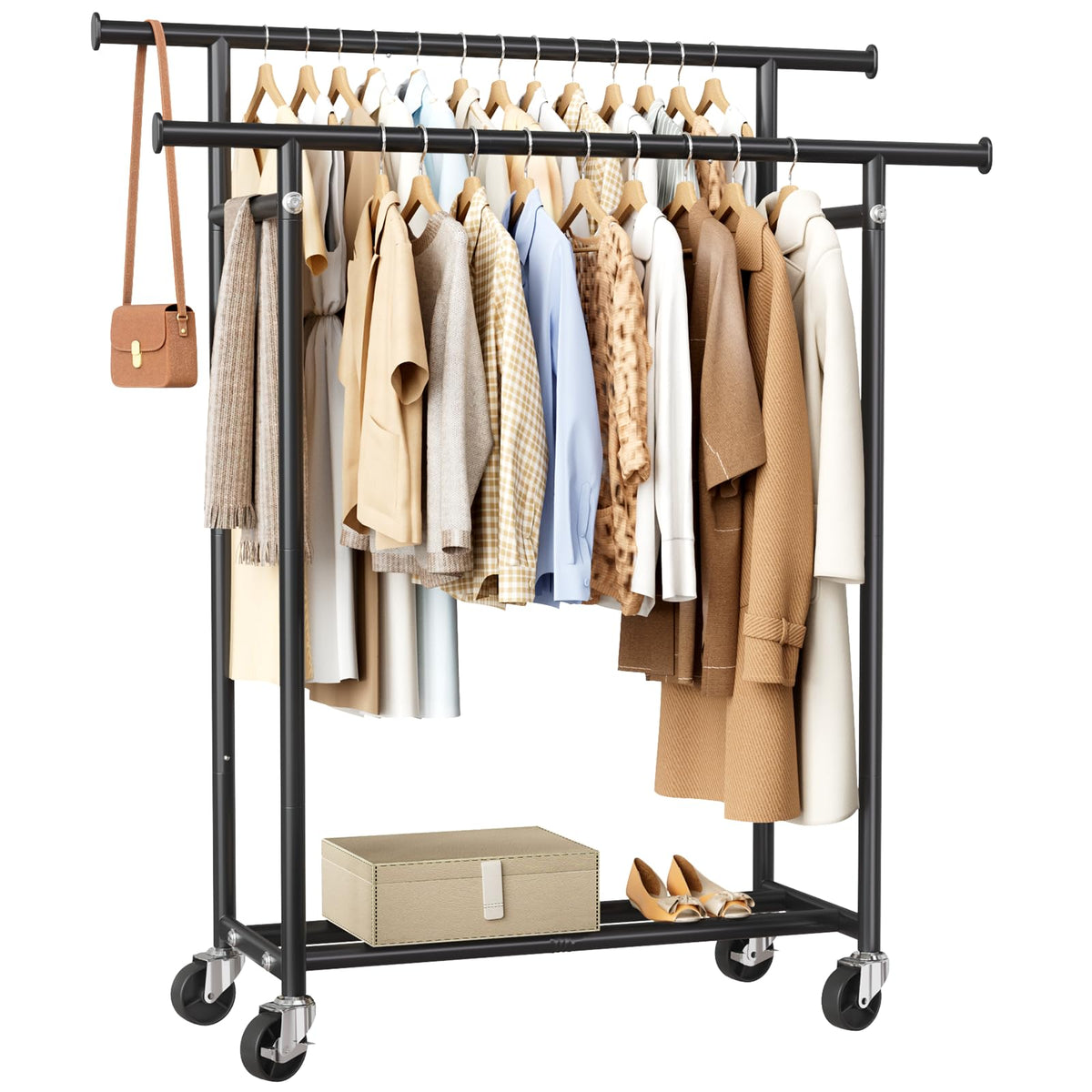 HYSEYY clothes rack with double rods keeps garments neatly organized