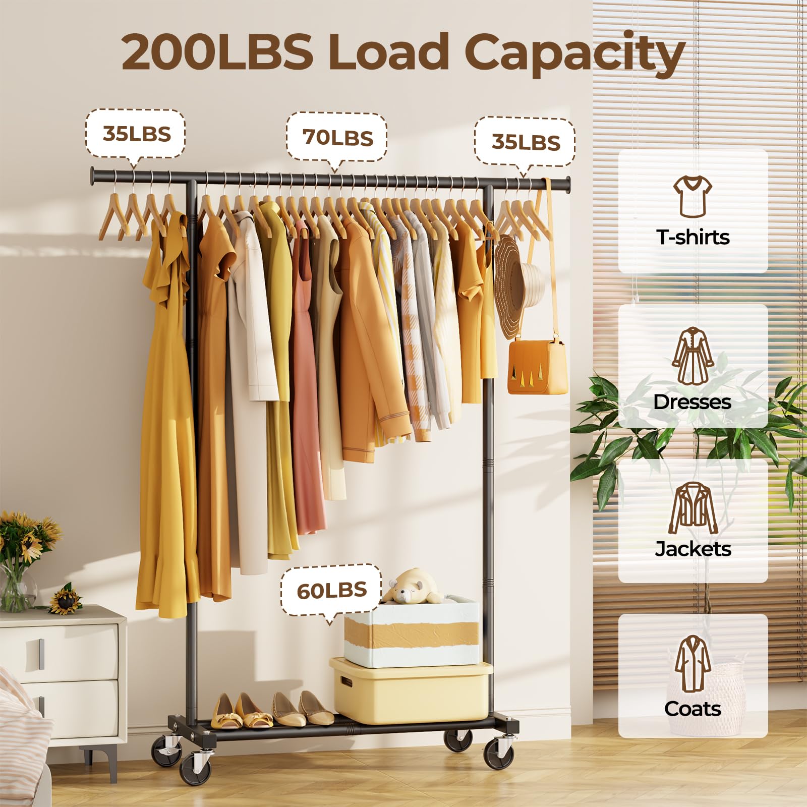 HYSEYY clothes rack with lockable wheels for stable, smooth movement.