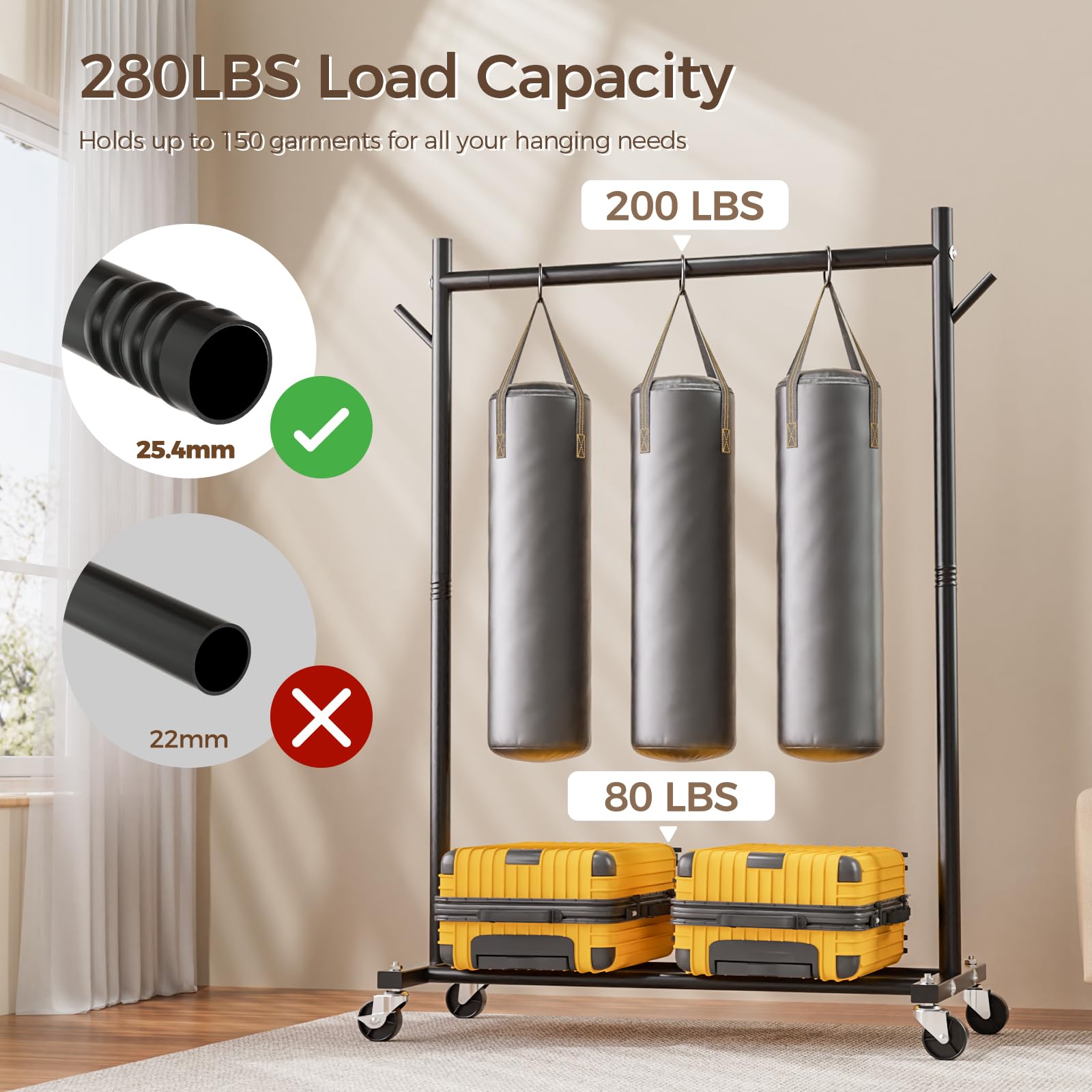 HYSEYY clothes rack side hooks keep hats, scarves, and bags within easy reach.