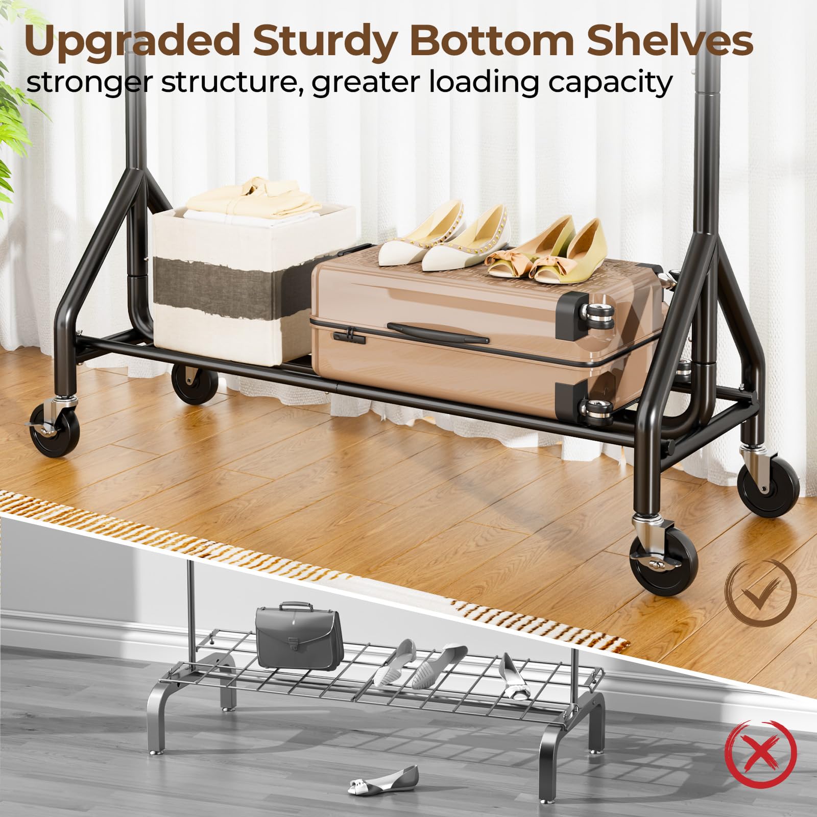 HYSEYY rack dimensions showing wide footprint and tall height in a room