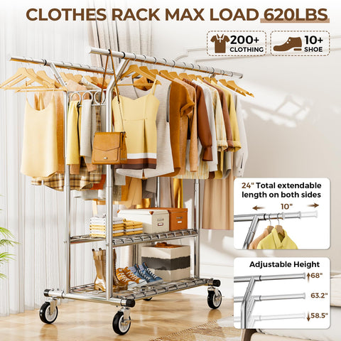 HYSEYY rack showing double hanging rods for ample clothing storage