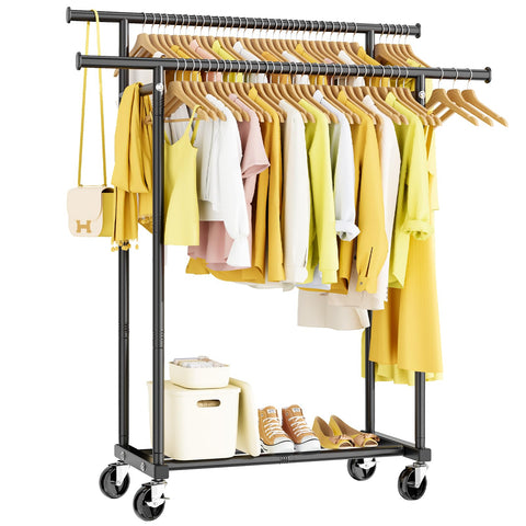 HYSEYY double rods clothes rack front view showing dual hanging levels for versatile storage
