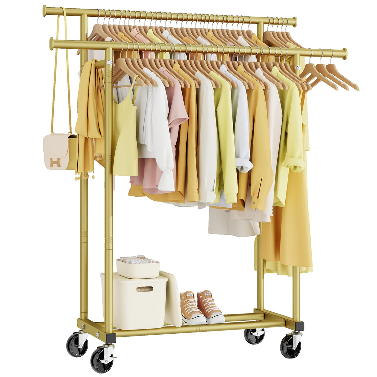 HYSEYY double rods clothes rack in gold frame for versatile hanging and storage.