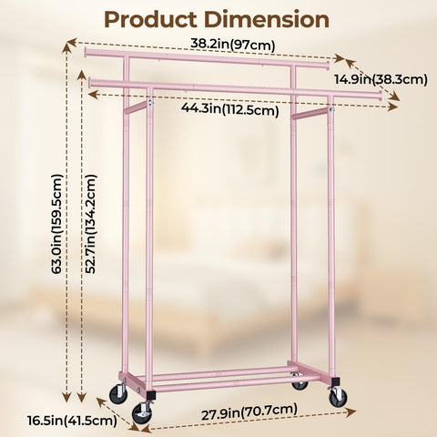 HYSEYY double-rods-clothes-rack lockable-casters pink secure positioning