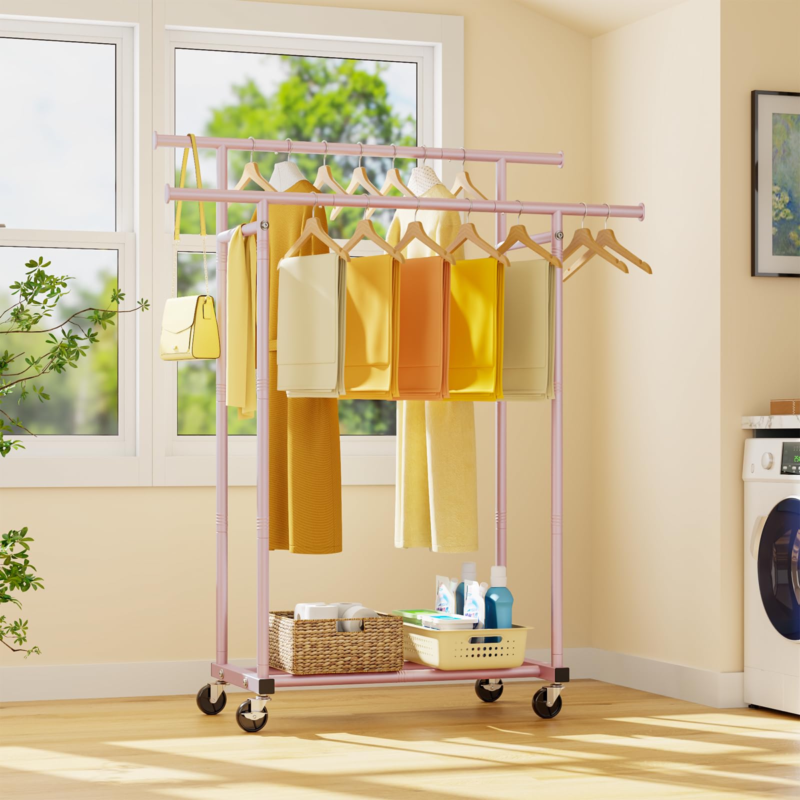 HYSEYY double-rods-clothes-rack pink-finish room-friendly design