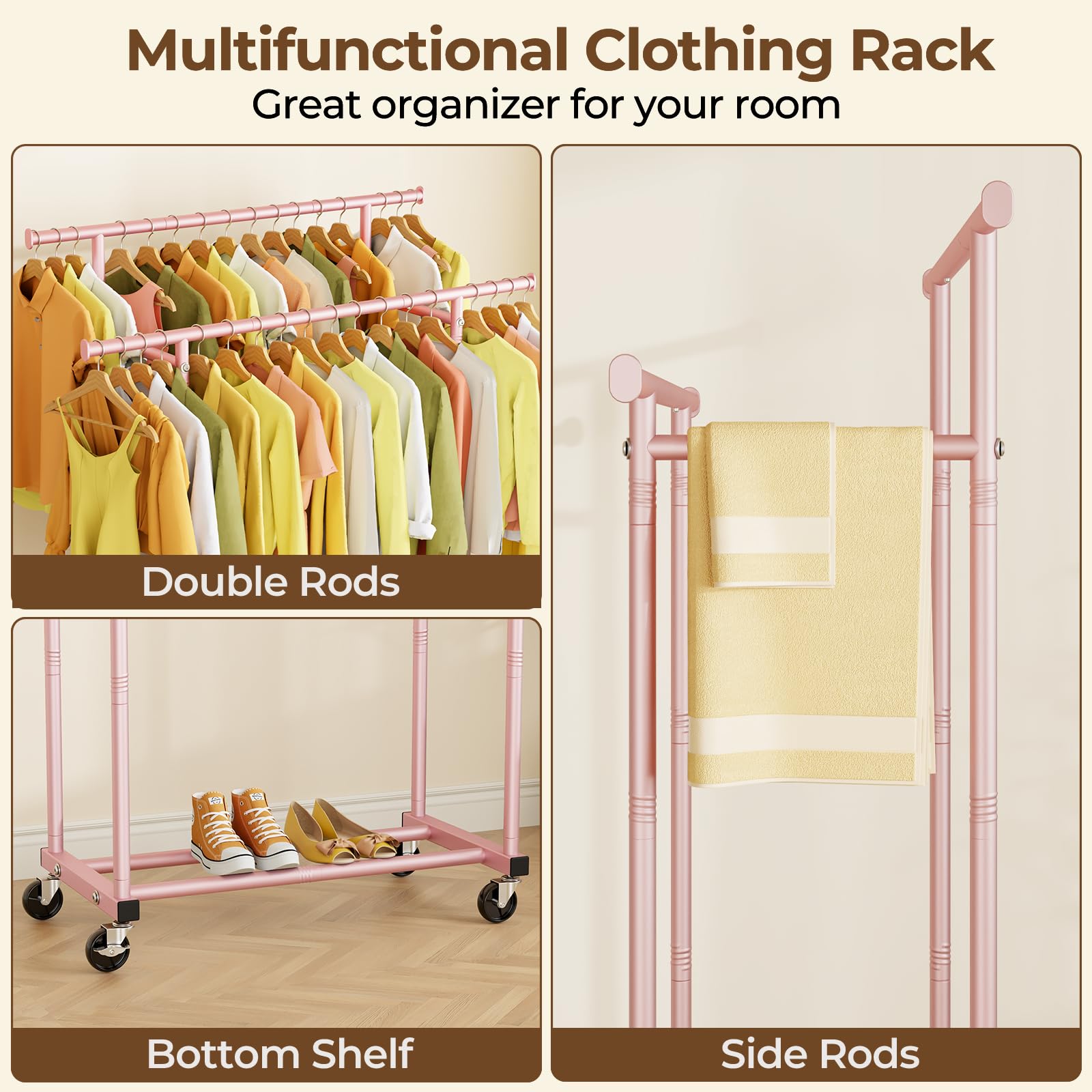 HYSEYY double-rods-clothes-rack side-extension pink adds space for bags and accessories