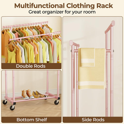 HYSEYY double-rods-clothes-rack side-extension pink adds space for bags and accessories