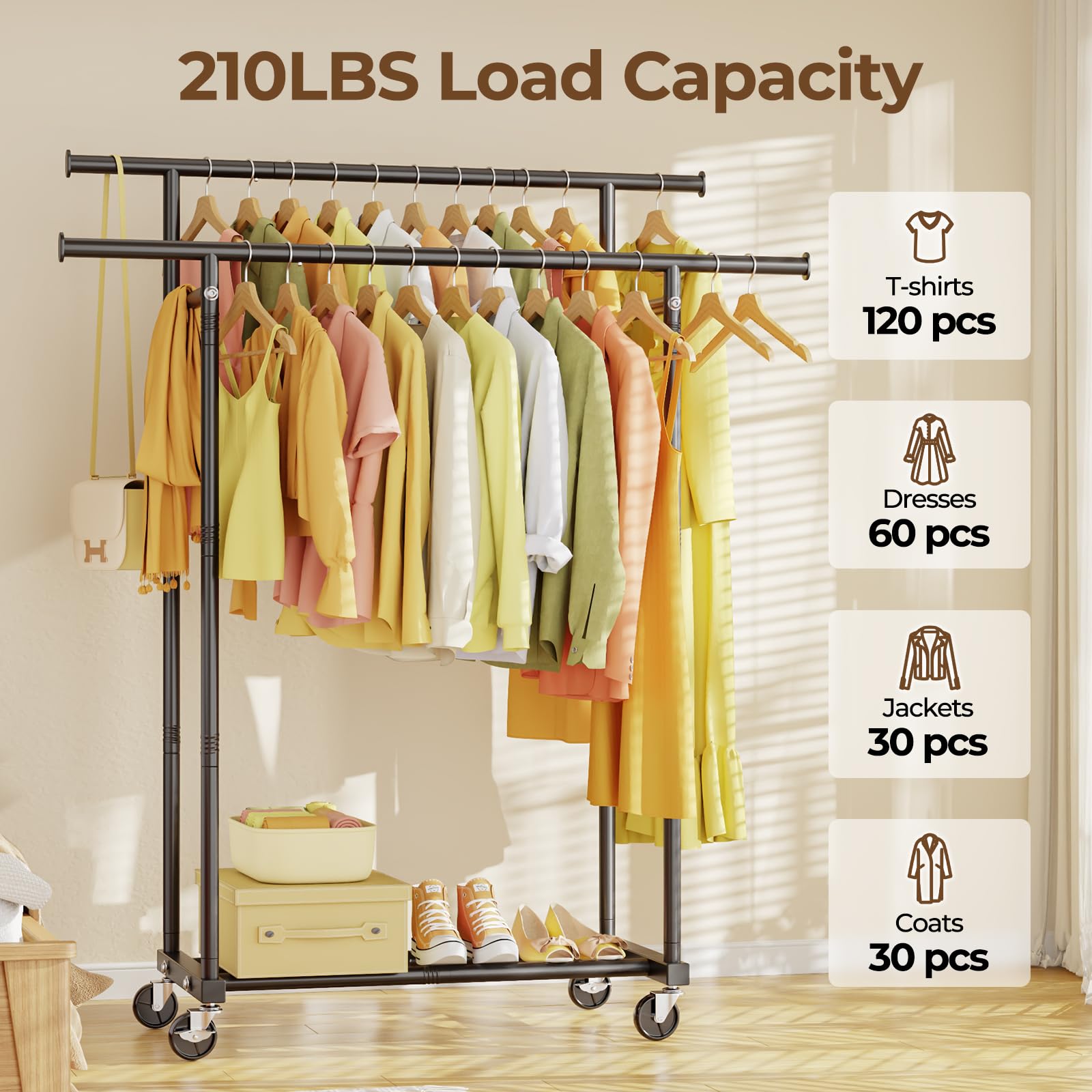 HYSEYY double rods clothes rack side storage extensions maximize space for bags and accessories