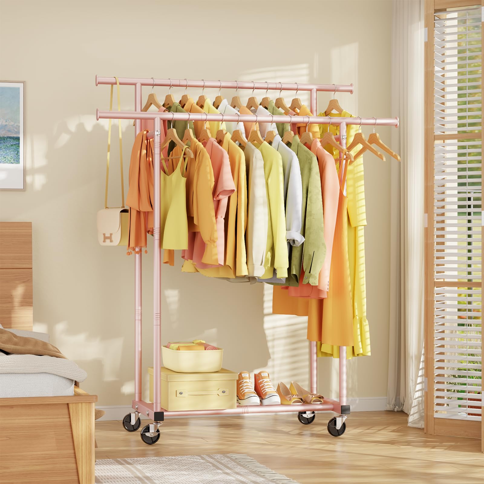 HYSEYY double-rods-clothes-rack upgraded-assembly pink faster setup