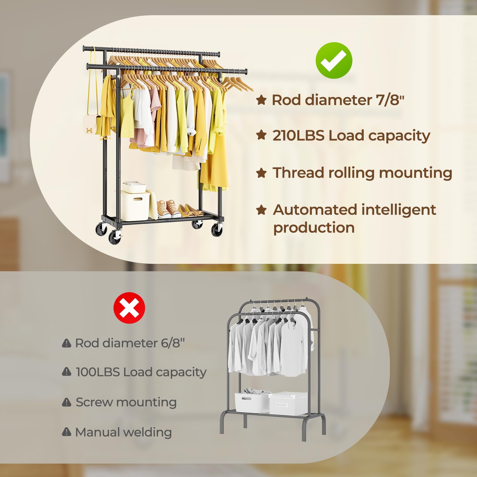 HYSEYY heavy-duty 22mm steel tubes ensure sturdy support for clothing