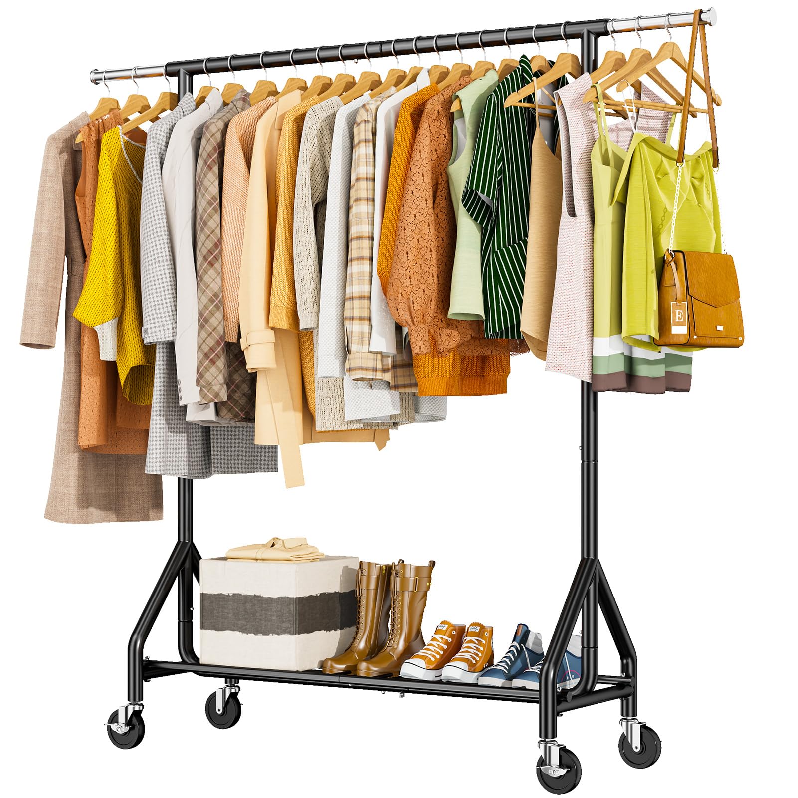 HYSEYY heavy-duty clothes rack demonstrating 450-pound capacity for heavy garments