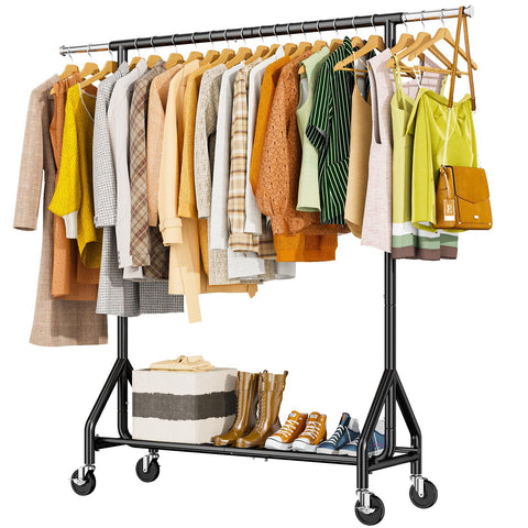 HYSEYY heavy-duty clothes rack demonstrating 450-pound capacity for heavy garments