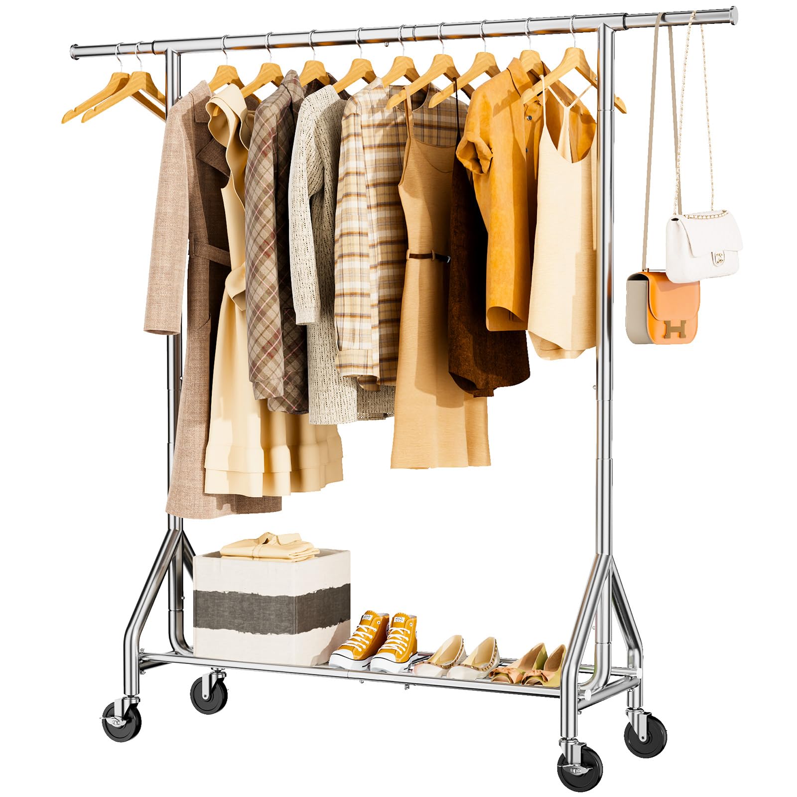 HYSEYY rolling garment rack with dimensions 69 by 20 by 70 inches.