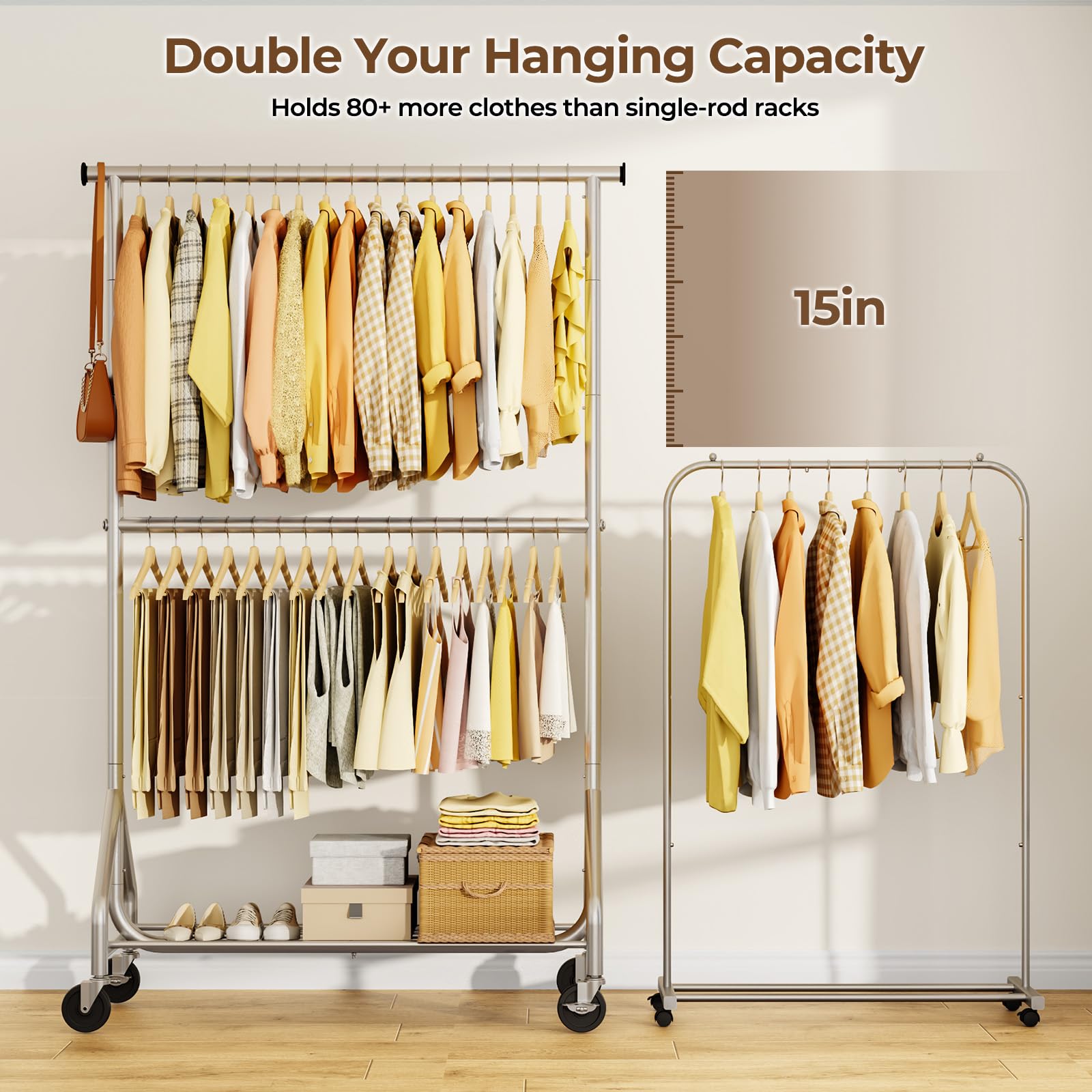 HYSEYY double-rod system offers two levels of hanging for outfits.