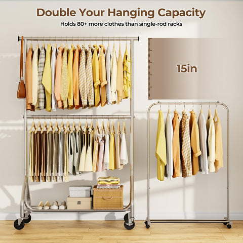 HYSEYY double-rod system offers two levels of hanging for outfits.