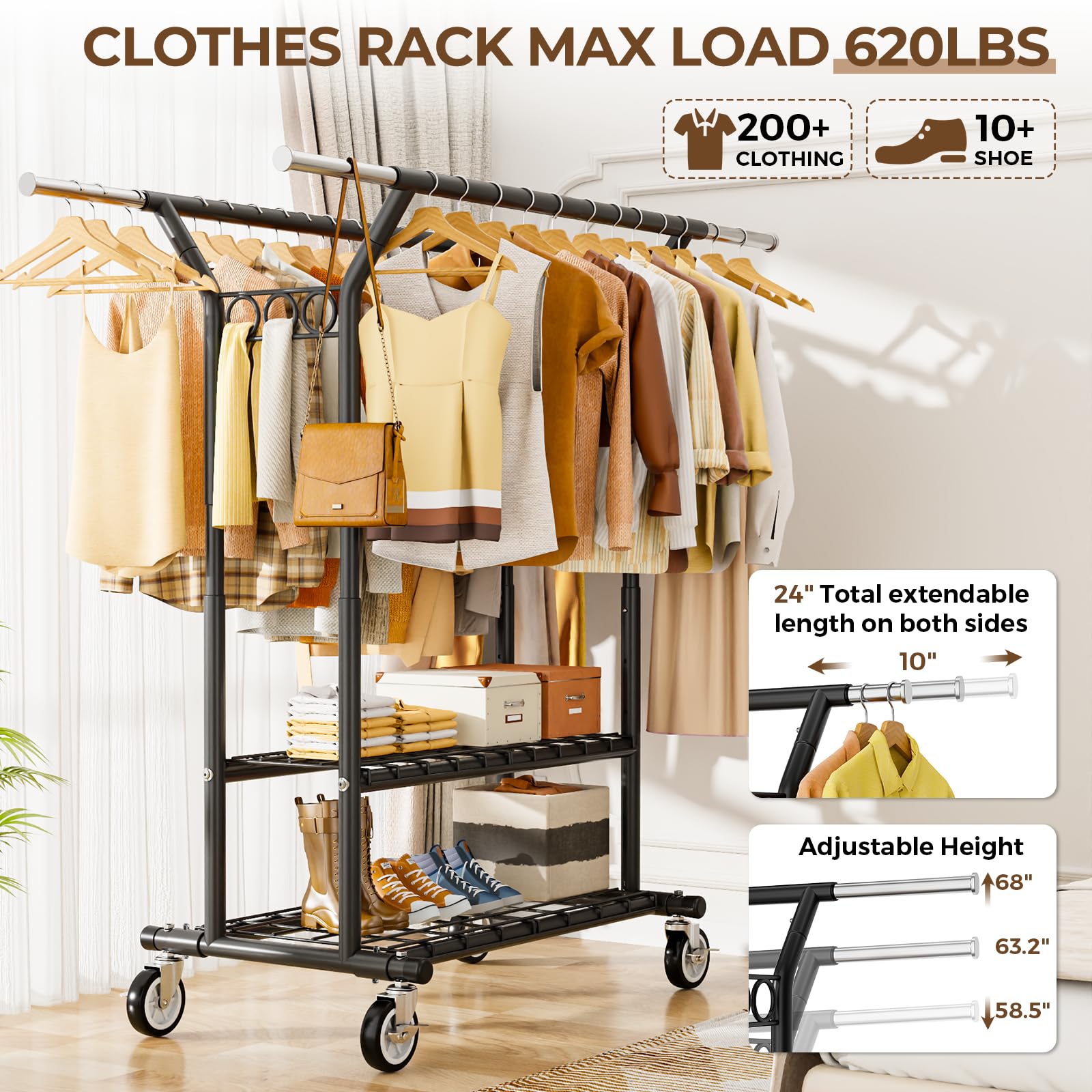 HYSEYY heavy-duty clothes rack with double rods ideal for organizing coats and shirts.