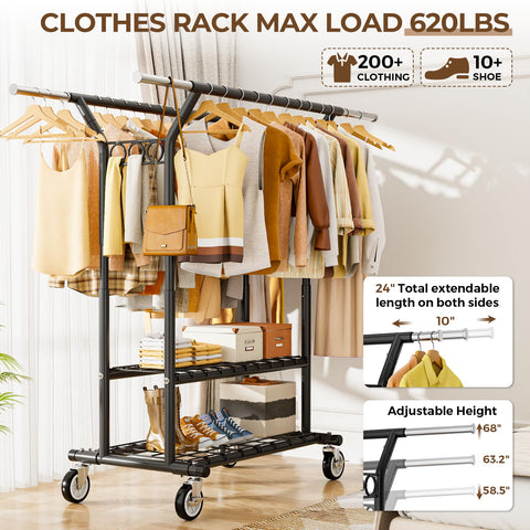 HYSEYY heavy-duty clothes rack with double rods ideal for organizing coats and shirts.