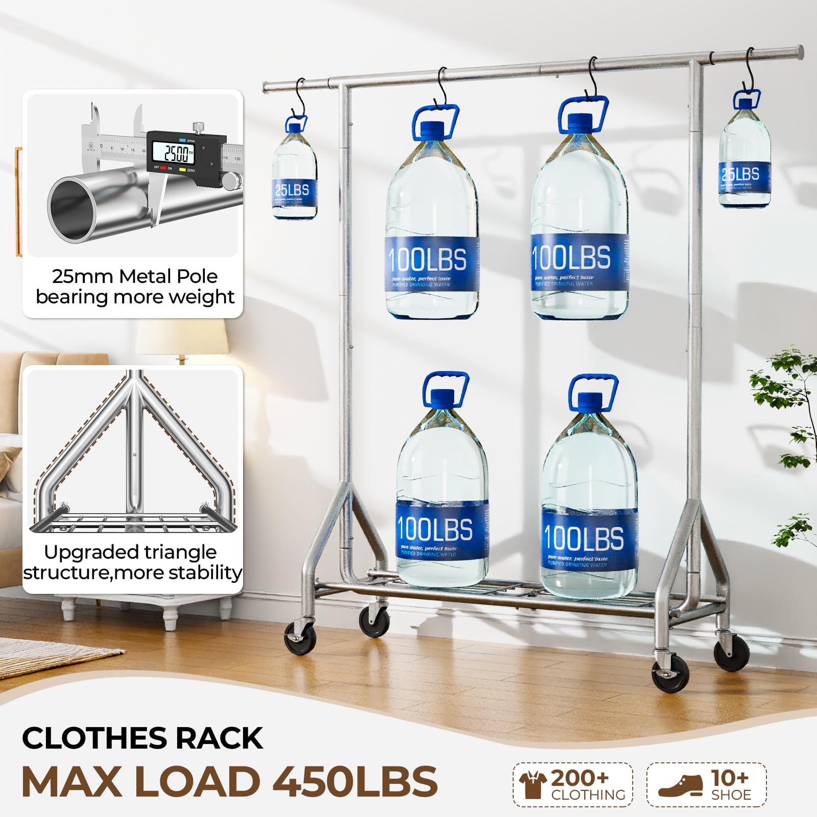 HYSEYY heavy-duty clothes rack front view highlights wide hanging space.