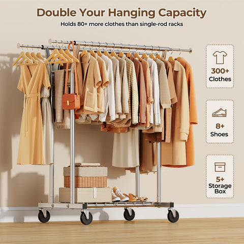 HYSEYY heavy-duty clothes rack front view demonstrates spacious dual-rod setup for large wardrobe capacity.