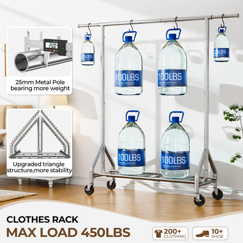 HYSEYY heavy-duty clothes rack front view highlights wide hanging space.