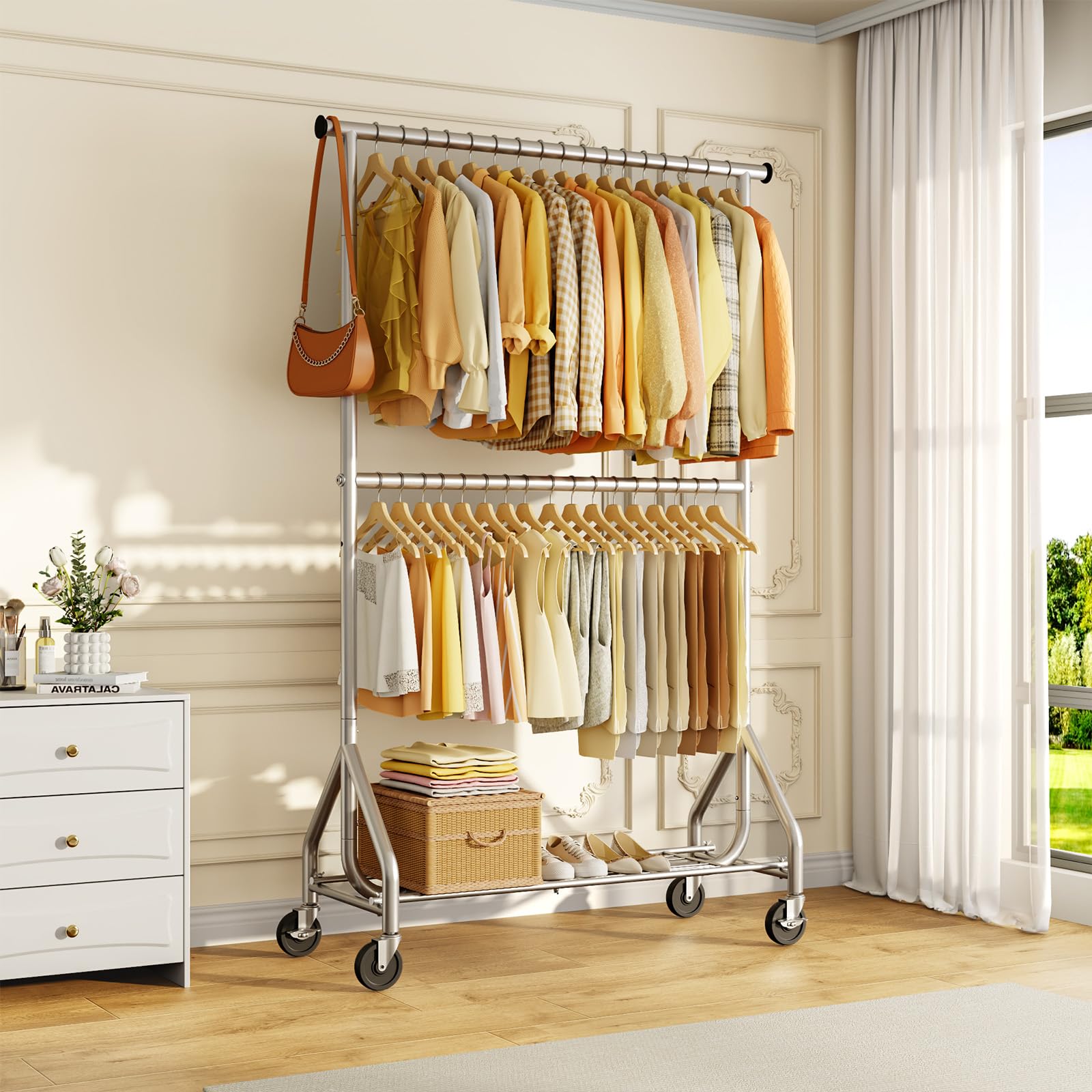 HYSEYY fully loaded rack illustrates organized wardrobe solution.